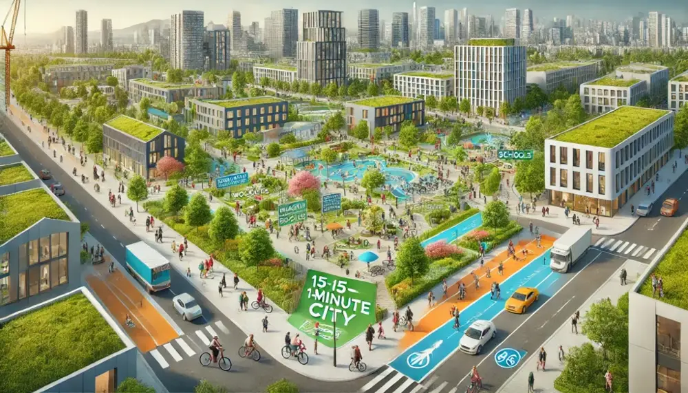 Aerial view of a mixed-use urban neighborhood with green space and pedestrian streets