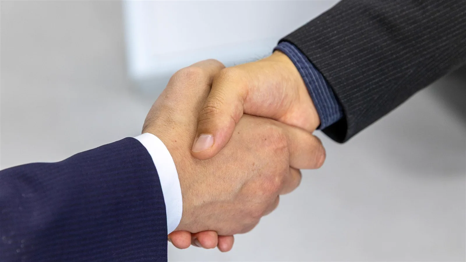 Two businesspeople shaking hands in a formal meeting