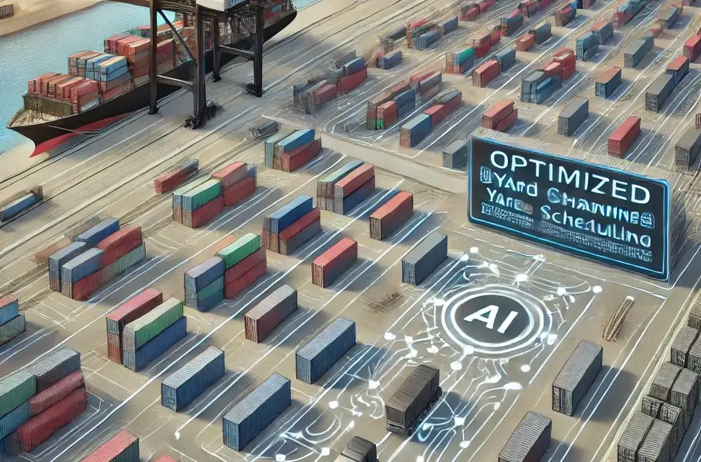 Container terminal with cranes loading a vessel at berth