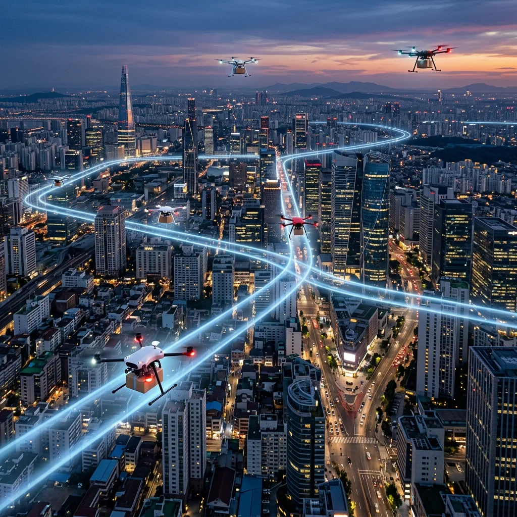 Urban skyline at dusk with logistics transportation networks