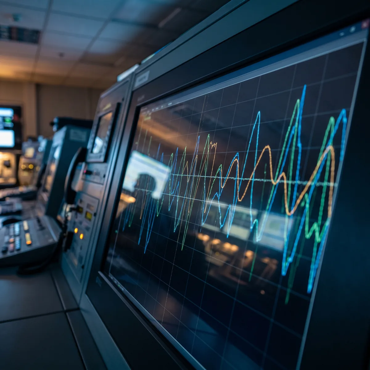 Multiple overlapping sensor waveform traces on an industrial monitoring dashboard screen