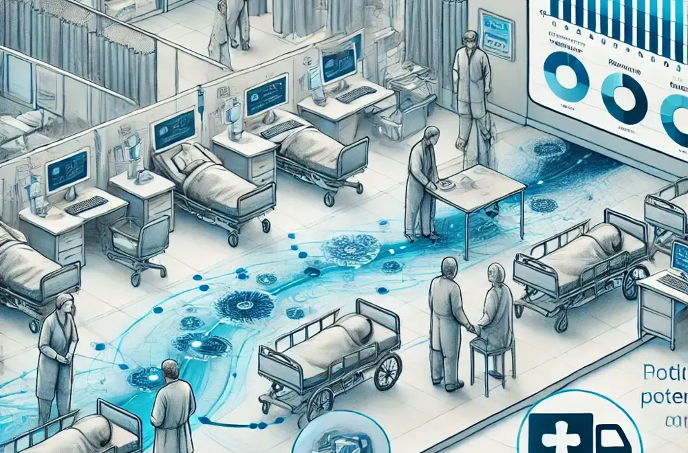 Hospital corridor with staff coordinating patient flow