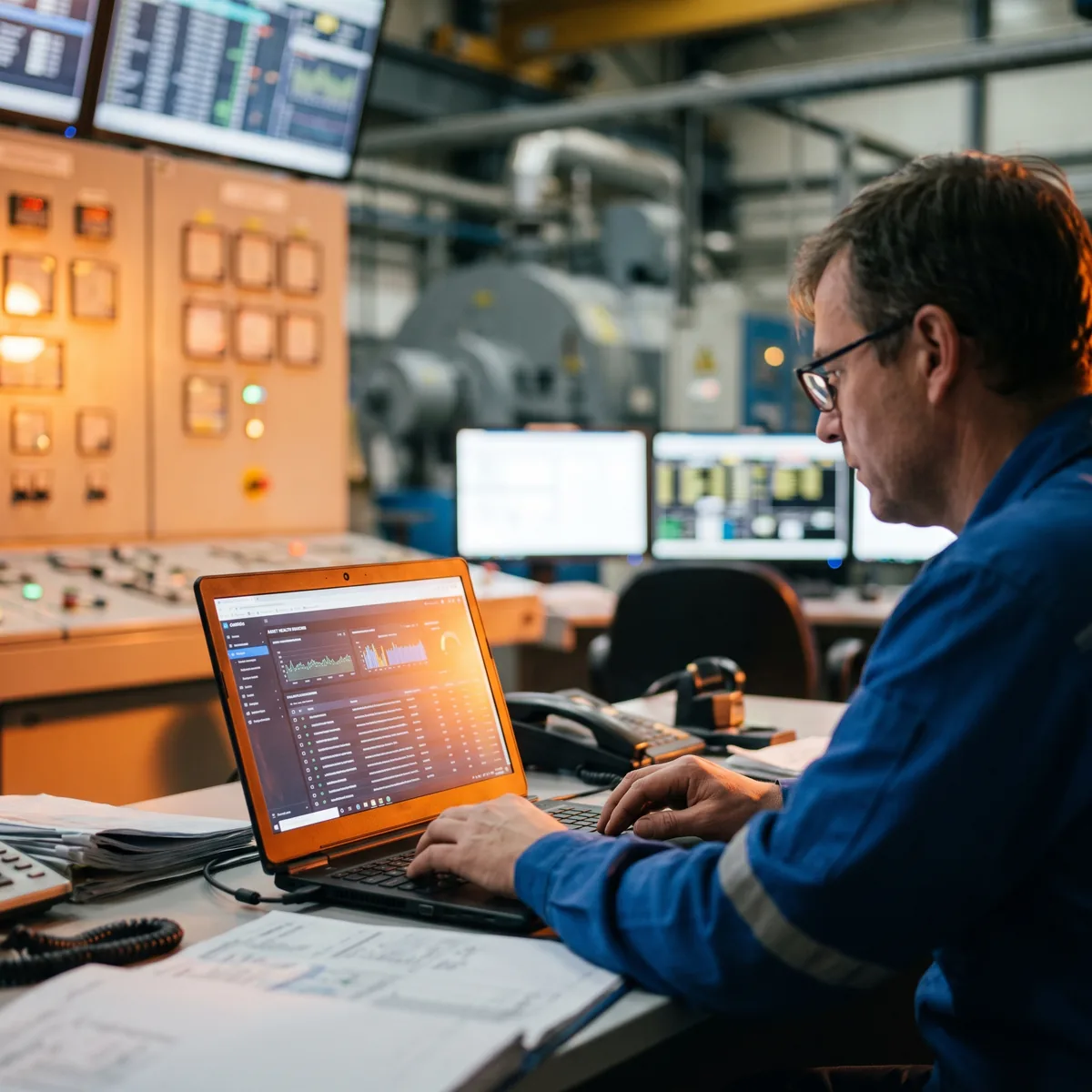 Maintenance planner reviewing a failure-probability scorecard on a laptop in an industrial control room