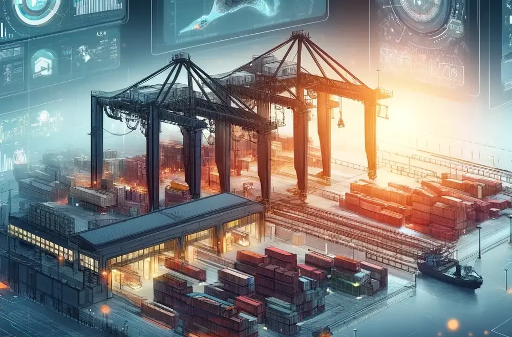 Multimodal logistics hub with trucks, containers, and rail cars