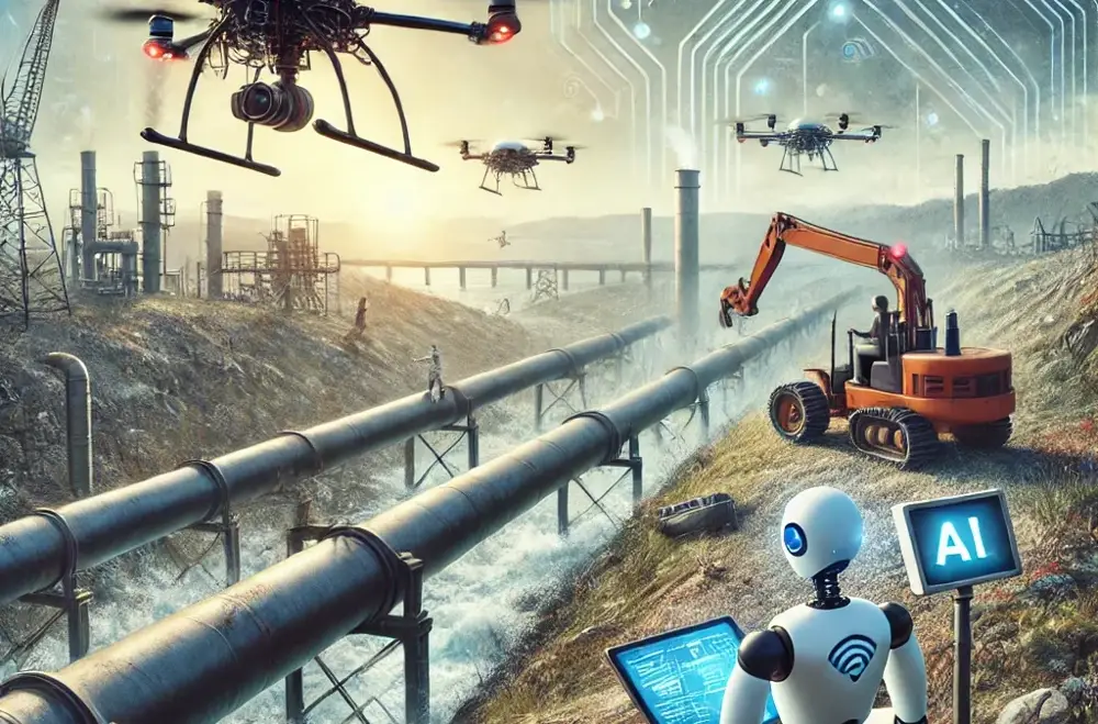 Drone inspecting industrial pipeline infrastructure in a hazardous environment