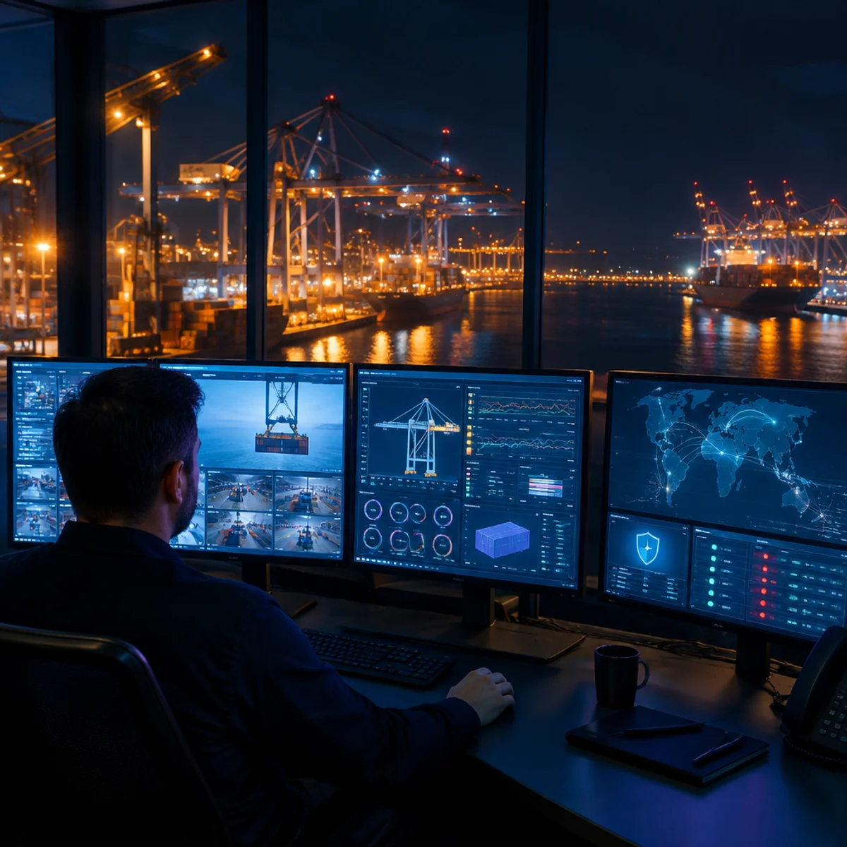 Port control room operator monitoring crane telemetry and network security dashboards with illuminated container cranes visible through the windows behind them