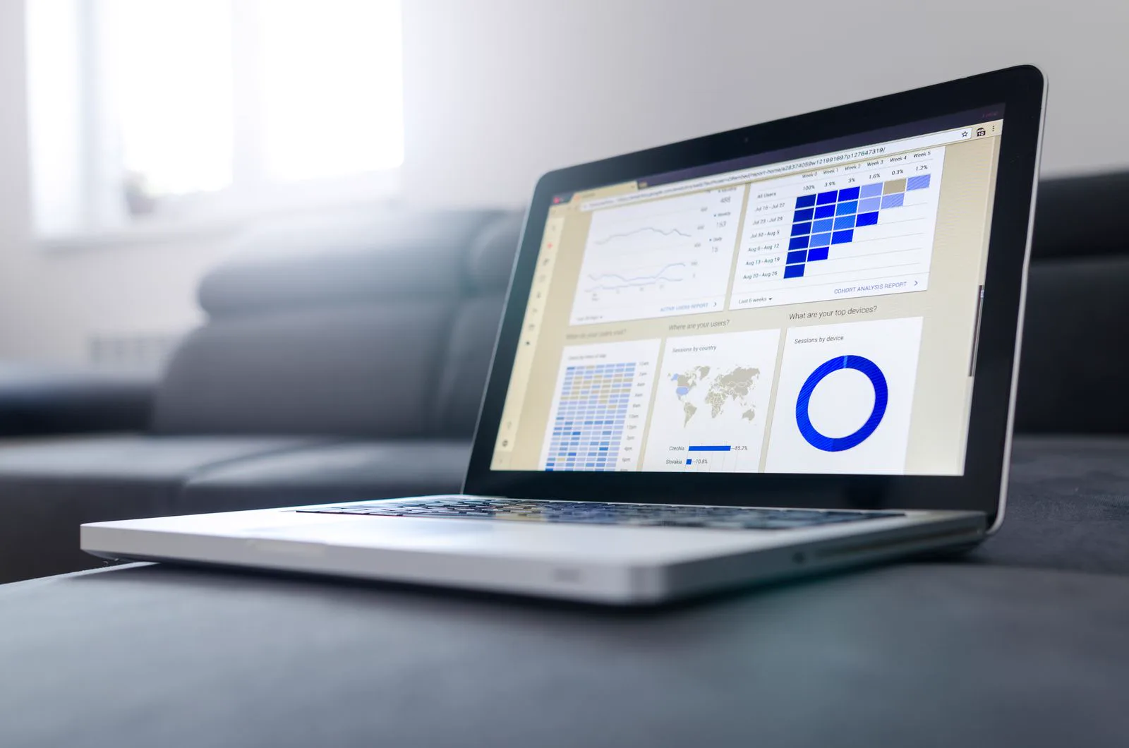 Laptop displaying a data analytics dashboard with charts and graphs