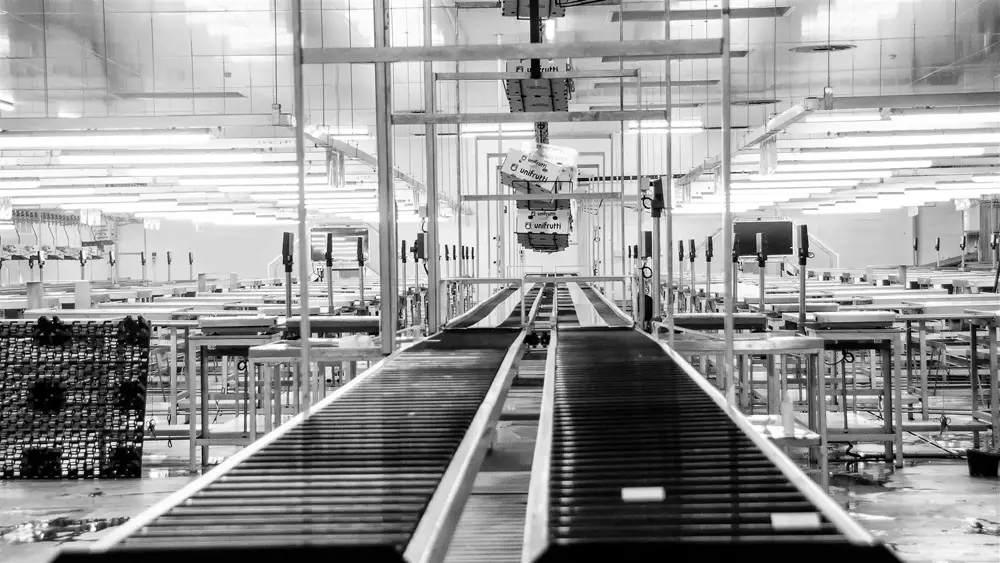 Monochrome view of an industrial factory conveyor production line