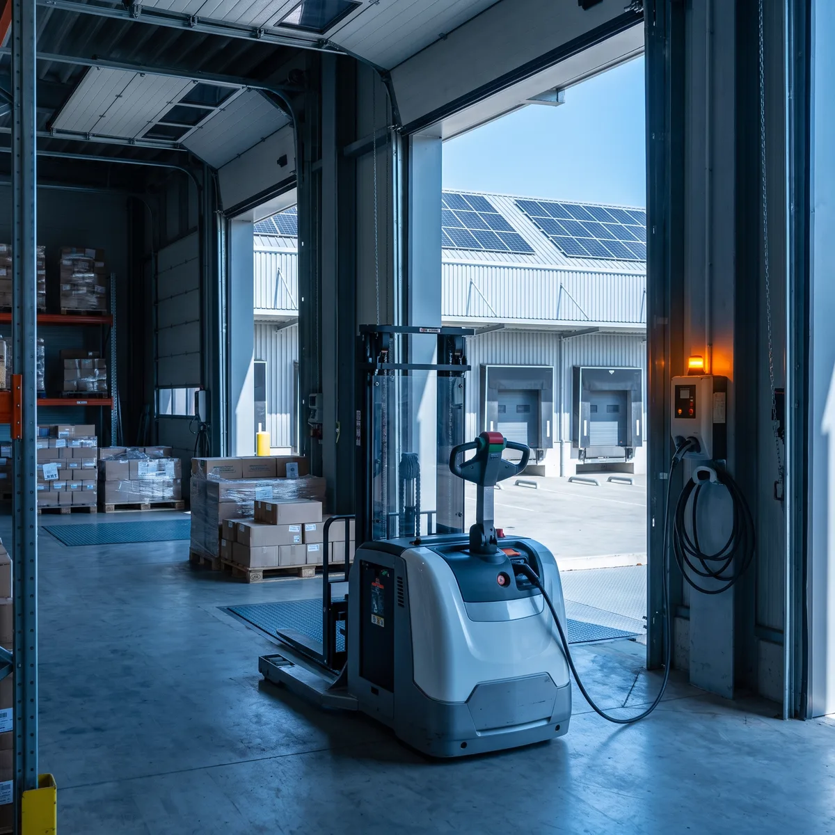 Warehouse loading dock with rooftop solar panels visible and an electric forklift charging at a wall-mounted station