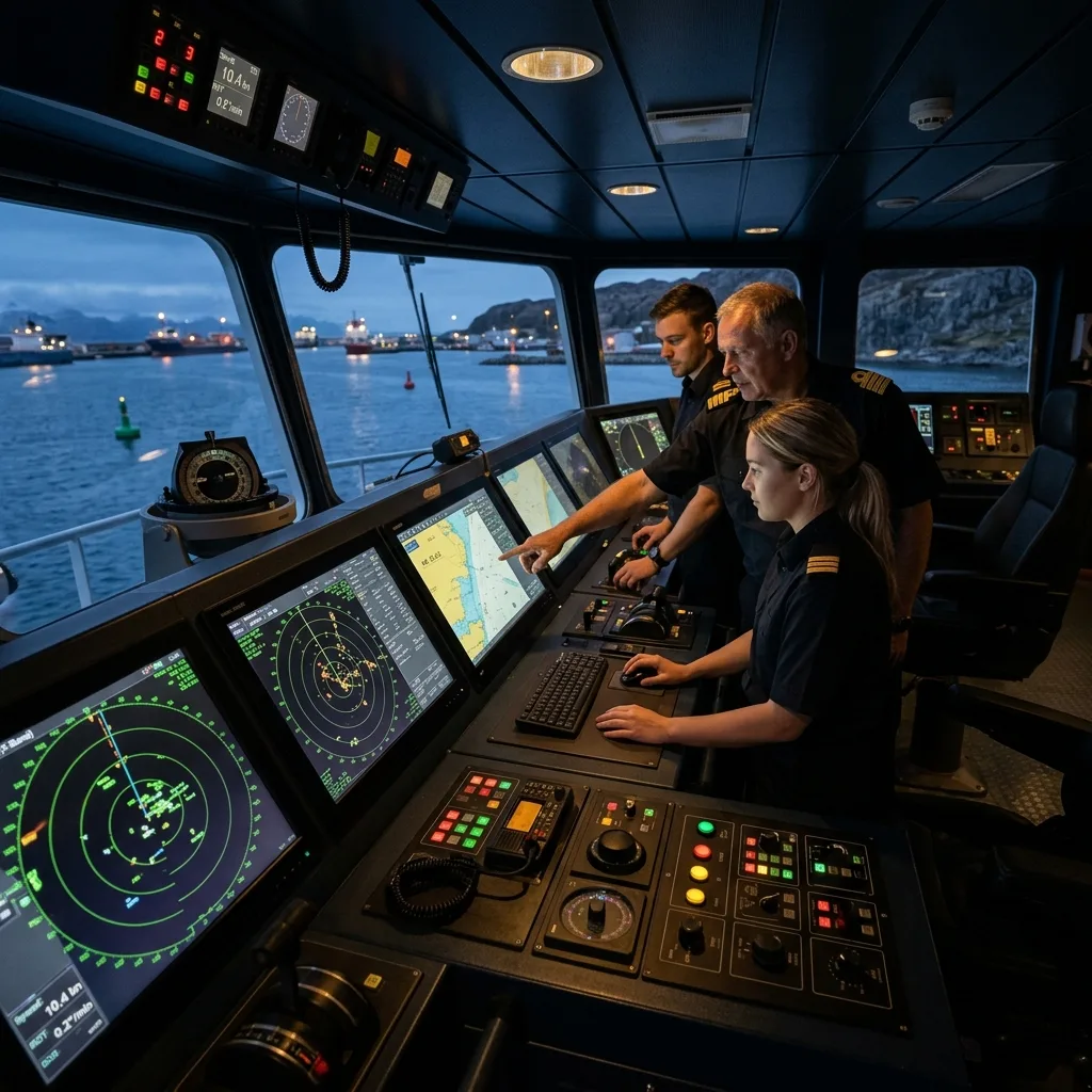 A high-fidelity maritime ship bridge simulator console with radar and navigation displays