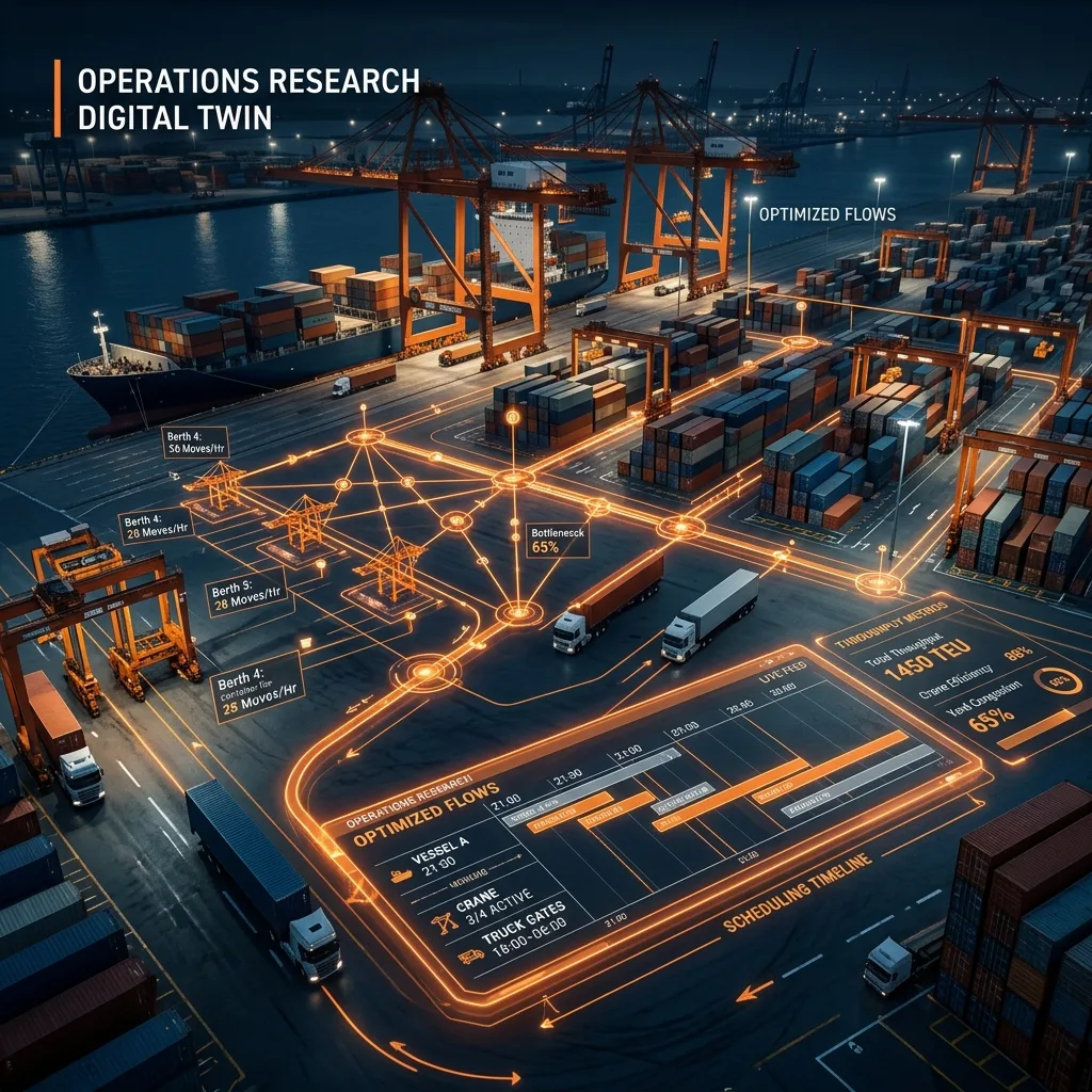 Operations Research Digital Twin layout showing optimized workflow nodes and real-time scheduling graphs