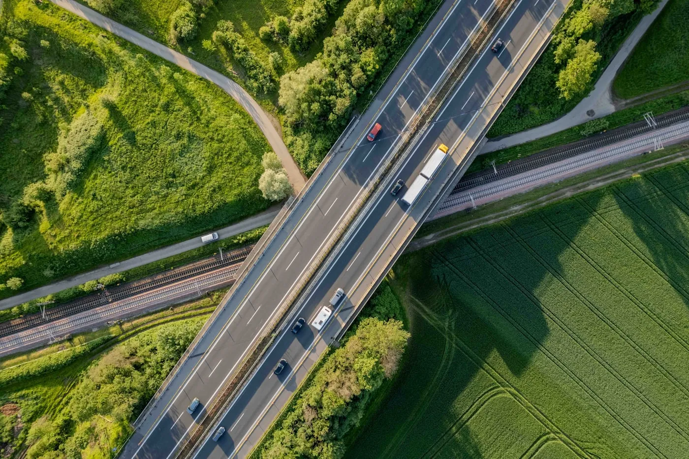Aerial view of multi-lane highway with traffic