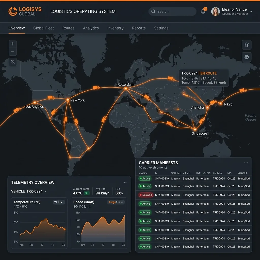 A Logistics Operating System dashboard tracking real-time delivery fleets and warehouse operations
