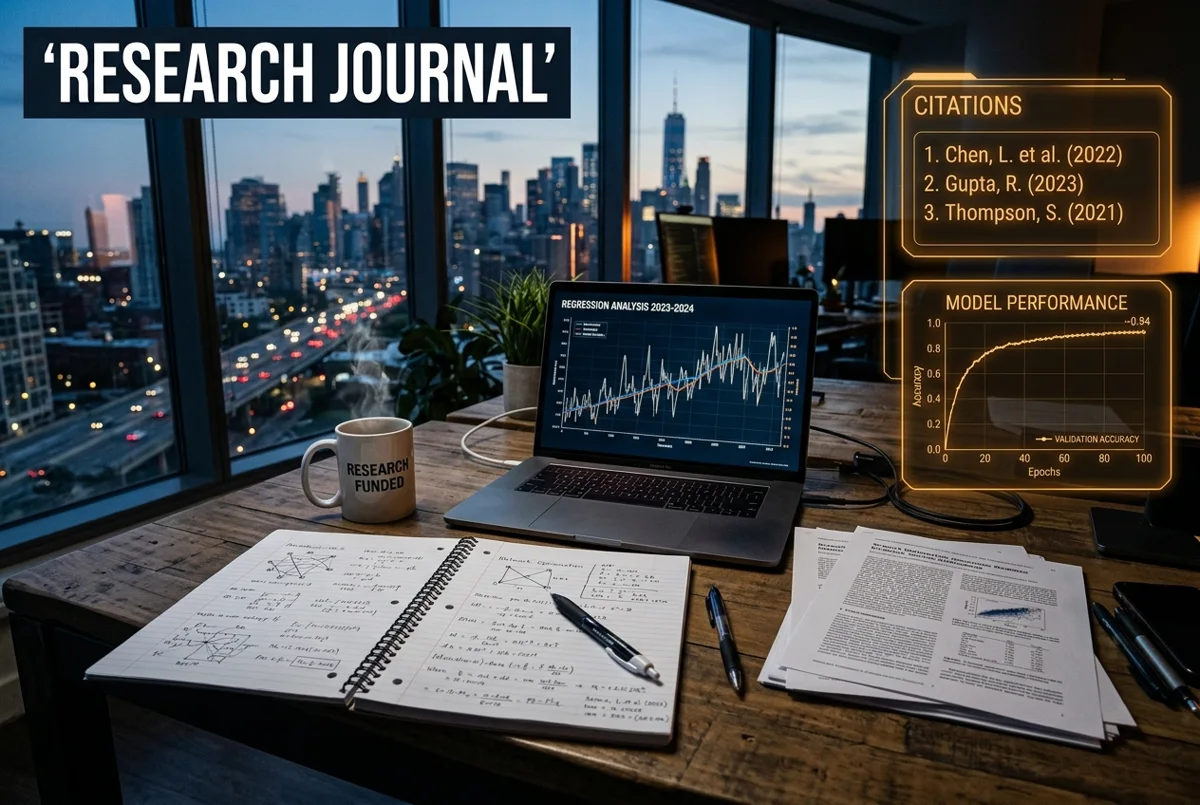 Research desk with notes and analytics charts